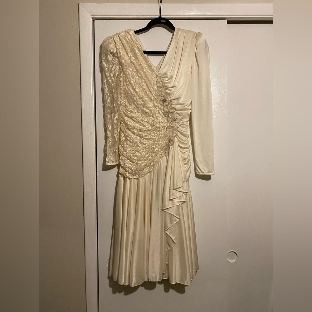 Vintage Filigree Ltd. Dress with Lace, Ruching, and Beading - White/Ivory